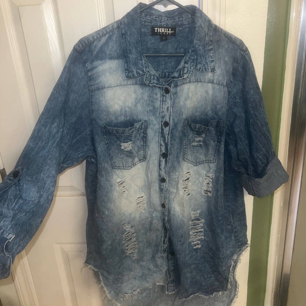 Thrill Blue Distressed Button-Up Shirt
